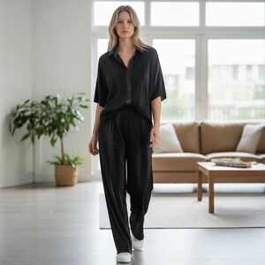 Rachel Zoe Black Pleated Satin Wide Leg 2Pc Set Size Large